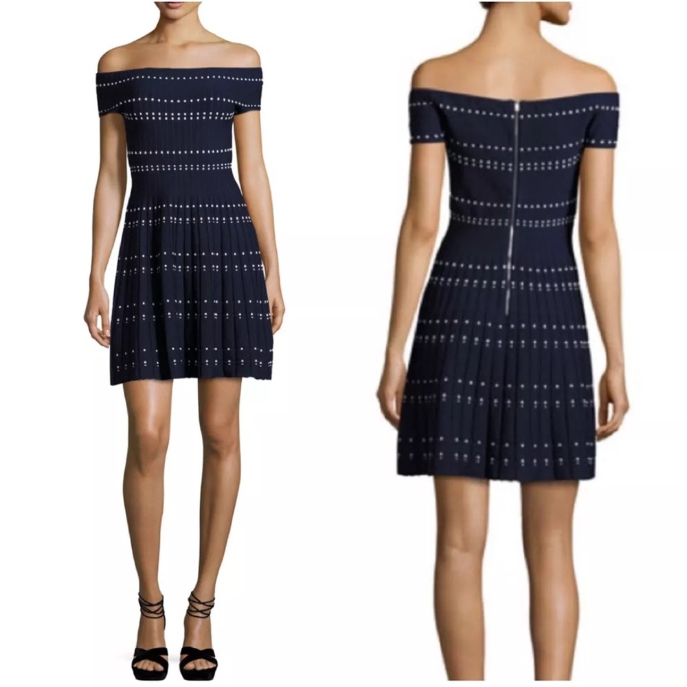 Parker Navy Off-Shoulder Fit-and-Flare Dress with Eyelet Stripes